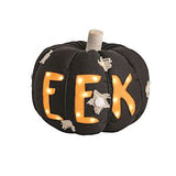 Decorative pumpkin with 'EEK' lights on a white background