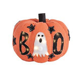 Decorative pumpkin with ghost and 'BOO' lights on a white background