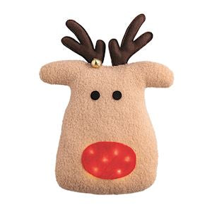 Plush reindeer toy with a red nose on a white background