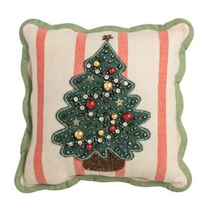 A square decorative throw pillow with a scalloped green border, featuring a cream and coral pink striped background and a central green embroidered Christmas tree with gold and red ornaments.