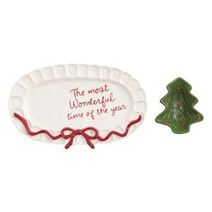 Decorative plate with 'The most wonderful time of the year' text and a Christmas tree ornament on a white background