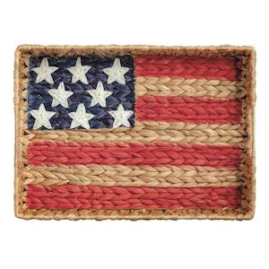 Woven American flag coaster with stars and stripes design on a white background