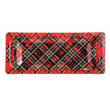 A rectangular red tartan plaid tray with handles, shown against a plain white background.