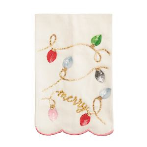 Decorative towel with Christmas-themed design featuring lights and 'merry' text on a white background.