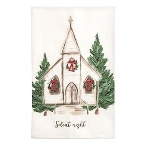 Illustration of a church with wreaths and 'Silent Night' text on a white background