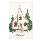 Illustration of a church with wreaths and 'Silent Night' text on a white background