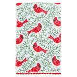 Patterned fabric with red cardinals and green leaves on a white background