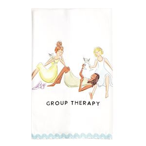 A white kitchen towel featuring an illustration of three women in vintage dresses holding wine glasses, with the text 'GROUP THERAPY' printed below. The towel has a light blue scalloped border at the bottom.