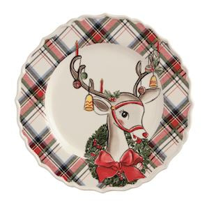 Decorative plate with a reindeer design and plaid border on a white background