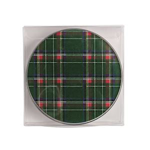 A round CD or DVD case with a green tartan plaid pattern, shown inside a clear plastic protective sleeve on a white background.