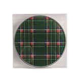 A round CD or DVD case with a green tartan plaid pattern, shown inside a clear plastic protective sleeve on a white background.