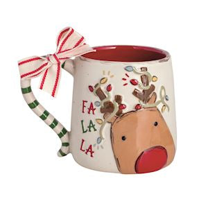 Mug with reindeer design and 'Fa La La' text, featuring a candy cane handle and red interior.