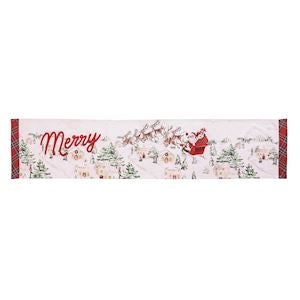 Christmas-themed table runner with Santa Claus and trees on a white background