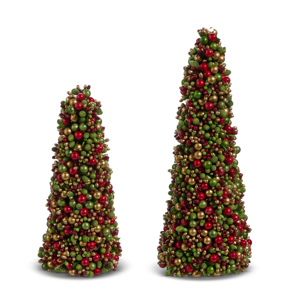 Two cone-shaped decorative trees with red, green, and gold berries on a white background