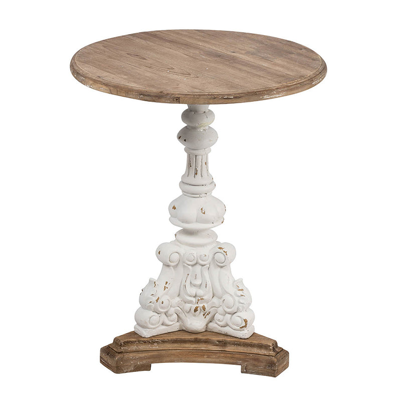 Round wooden table with a decorative white pedestal base on a white background