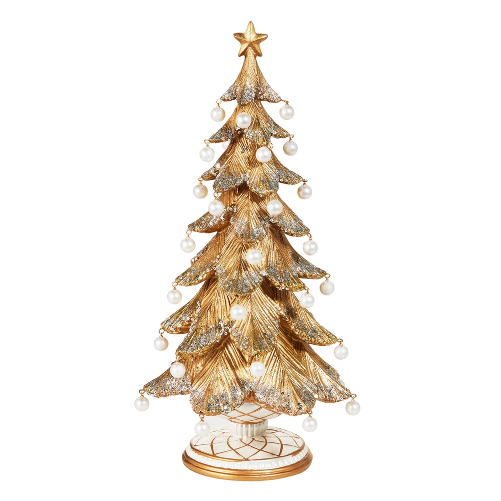 Decorative gold Christmas tree with white ornaments on a white background