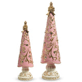 Decorative pink and gold tree-shaped ornaments on a white background