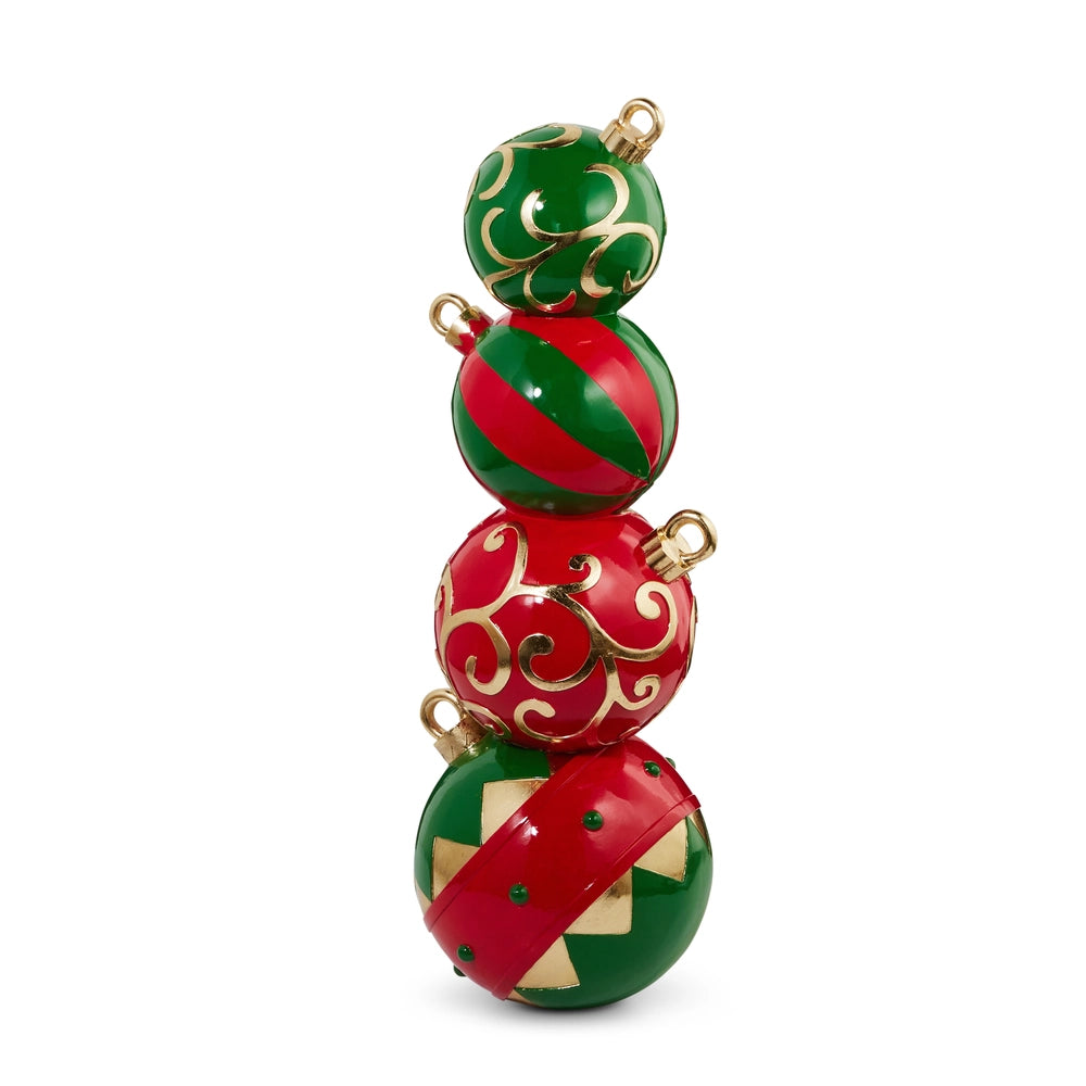 Stacked Christmas ornaments in red, green, and gold on a white background