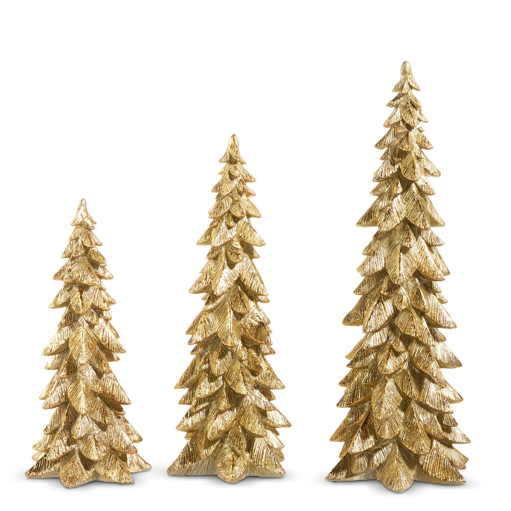 Three gold Christmas tree figurines of different heights on a white background