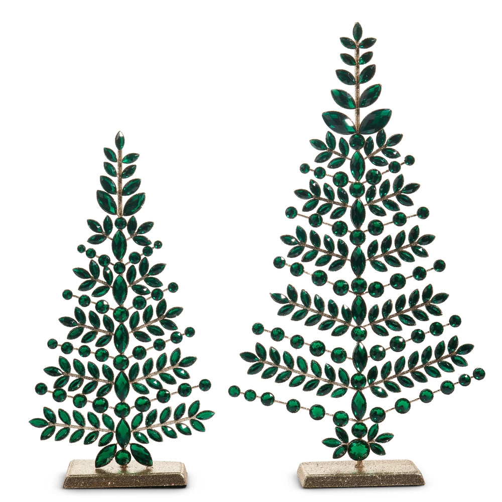 Two decorative Christmas trees made of green beads on a white background