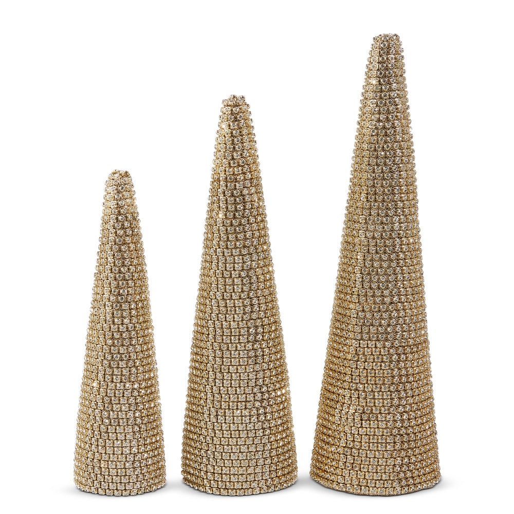Three decorative cone-shaped objects made of beaded material on a white background