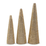 Three decorative cone-shaped objects made of beaded material on a white background
