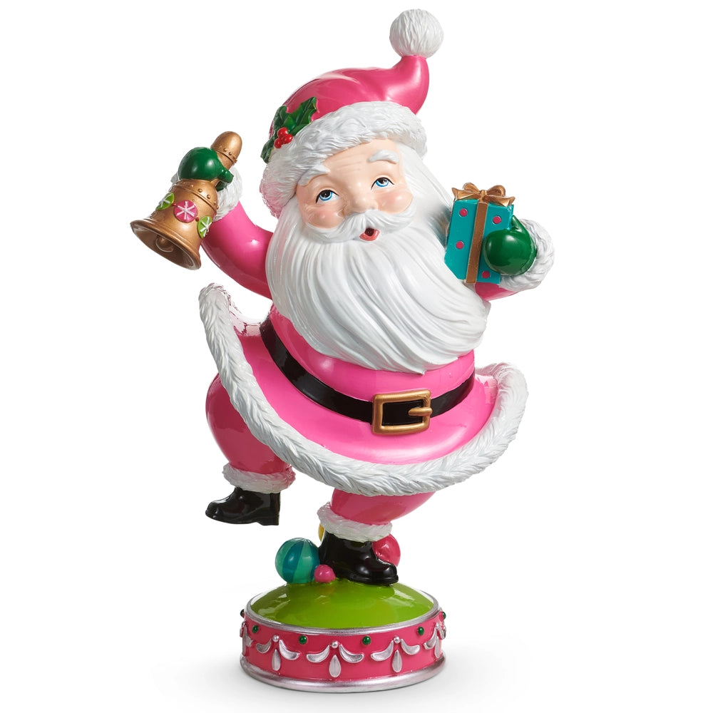 Colorful Santa Claus figurine with pink outfit and bells on a white background