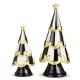 Two decorative Christmas trees with gold accents on a white background