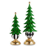 Two decorative Christmas trees with gold bases on a white background
