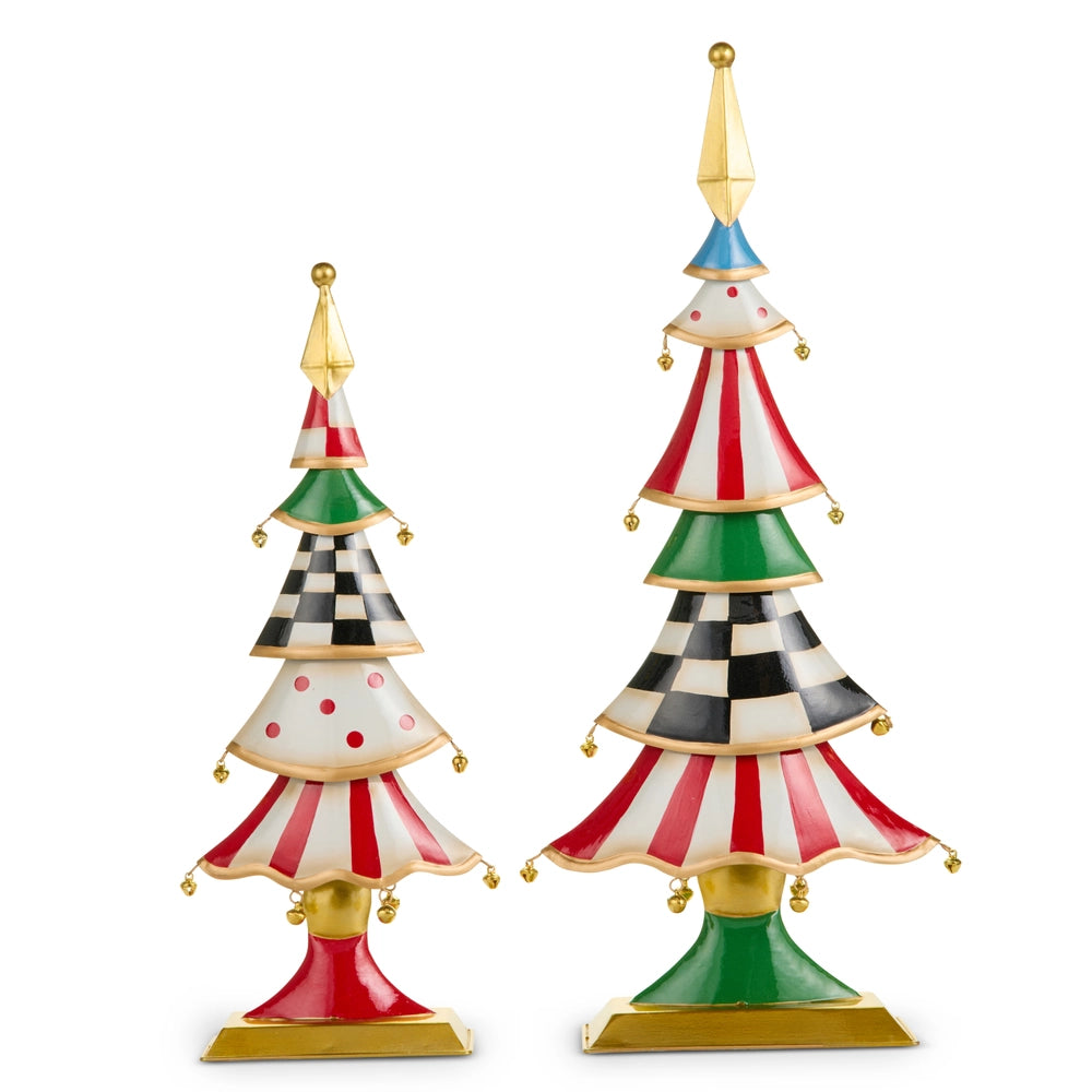 Two colorful Christmas tree figurines with striped patterns on a white background