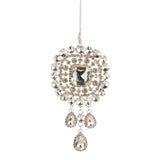 A silver-toned tassel pendant ornament embellished with clear rhinestones and featuring three dangling teardrop-shaped clear crystals, suspended against a plain white background.