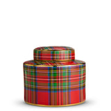 Tartan-patterned cylindrical gift box with a lid
