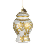 A white ceramic jar Christmas ornament decorated with intricate gold floral patterns and Chinese double happiness symbols, featuring a gold hanging loop at the top.