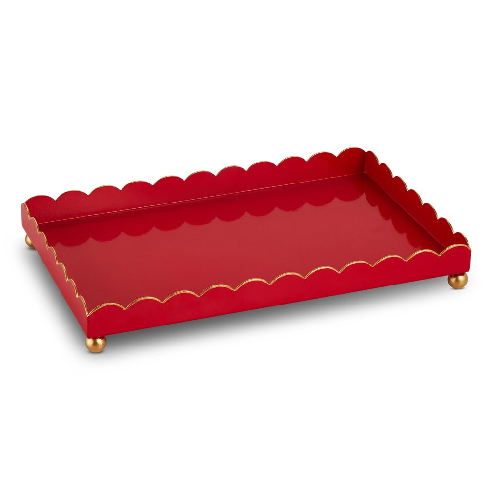Red scalloped-edge tray with gold accents on a white background