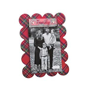 Red and green plaid photo frame with a family photo inside on a white background