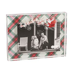 Christmas-themed photo frame with plaid design and family photo inside