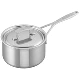 Stainless steel saucepan with lid on a white background
