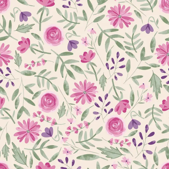 Floral pattern with pink and purple flowers on a light background