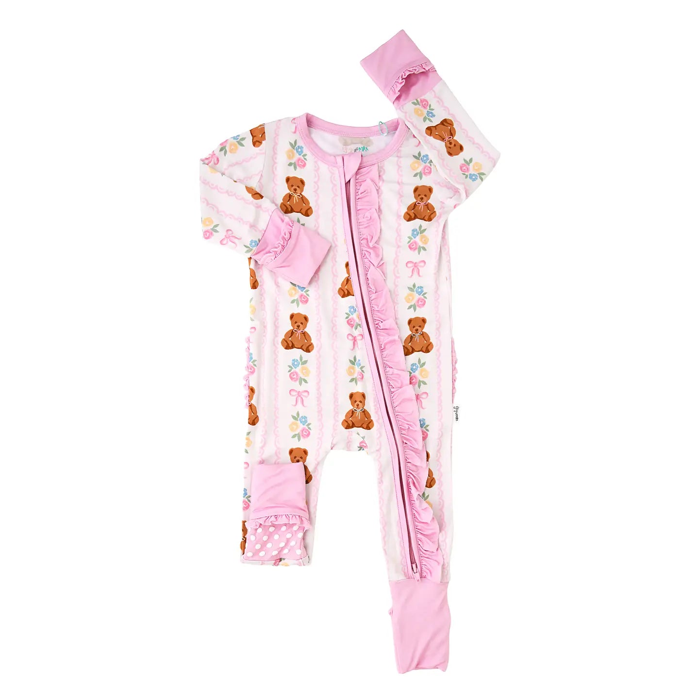 Pink baby onesie with teddy bear pattern on a white background
