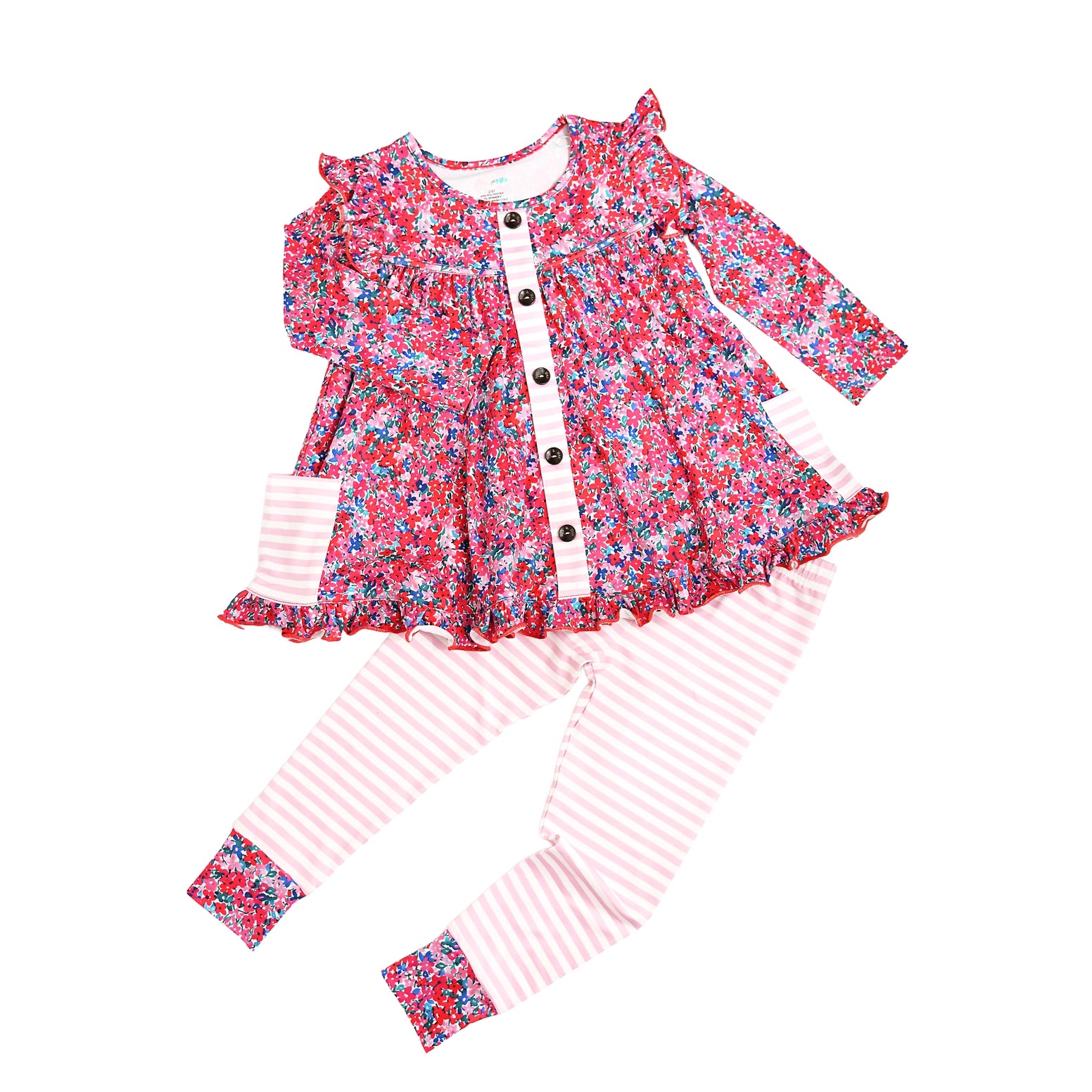 Children's outfit with floral top and striped pants on a white background