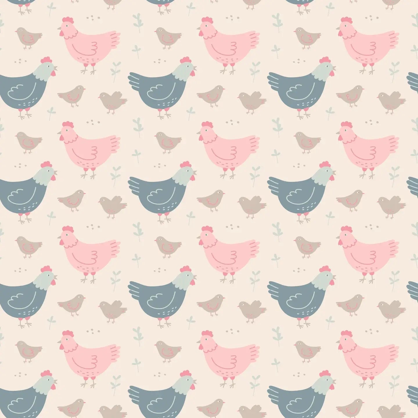 Pattern of colorful chickens on a light background