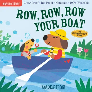 Book cover of 'Row, Row, Row Your Boat' with two dogs in a boat on a blue background.