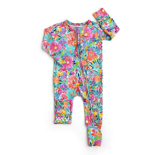 Colorful floral baby onesie on a white background