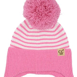 Pink and white striped beanie with a pom-pom on a white background