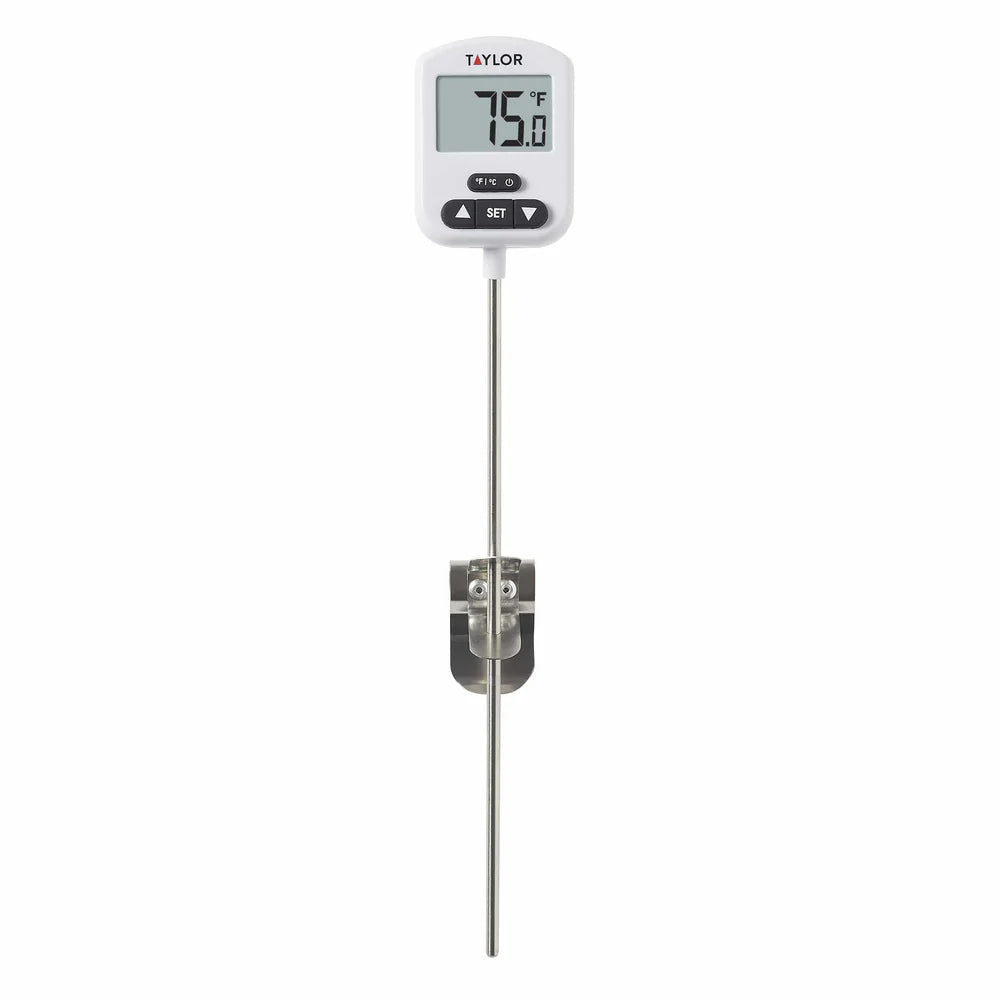 Digital thermometer with a stainless steel probe on a white background