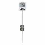 Digital thermometer with a stainless steel probe on a white background