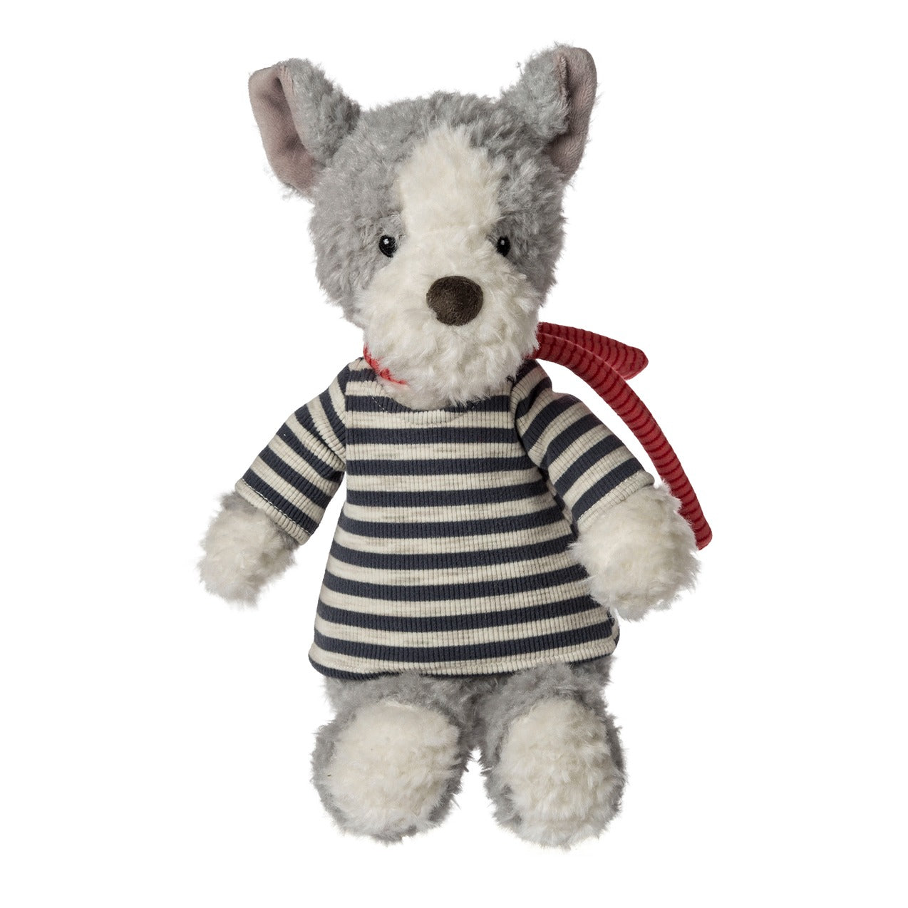 Stuffed toy wolf wearing a striped sweater with a red scarf on a white background