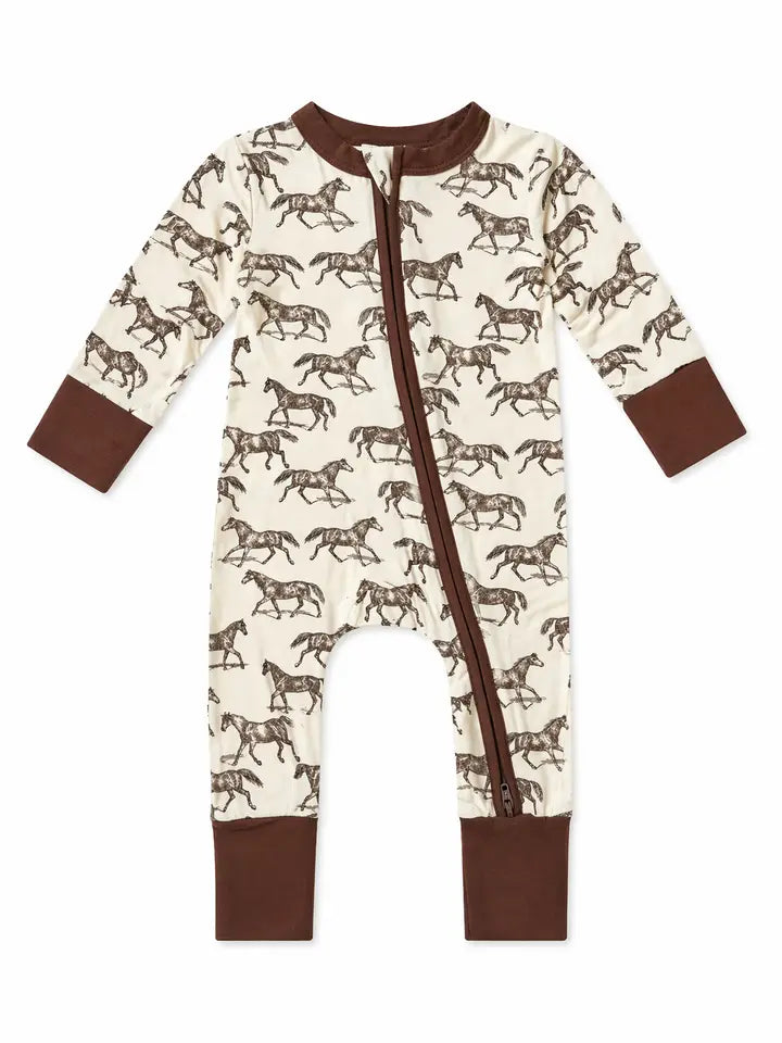 Baby onesie with horse pattern and brown accents on a white background