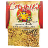 Packaged jalapeño cheddar dip and cheeseball mix from Carmie's Kitchen on a white background