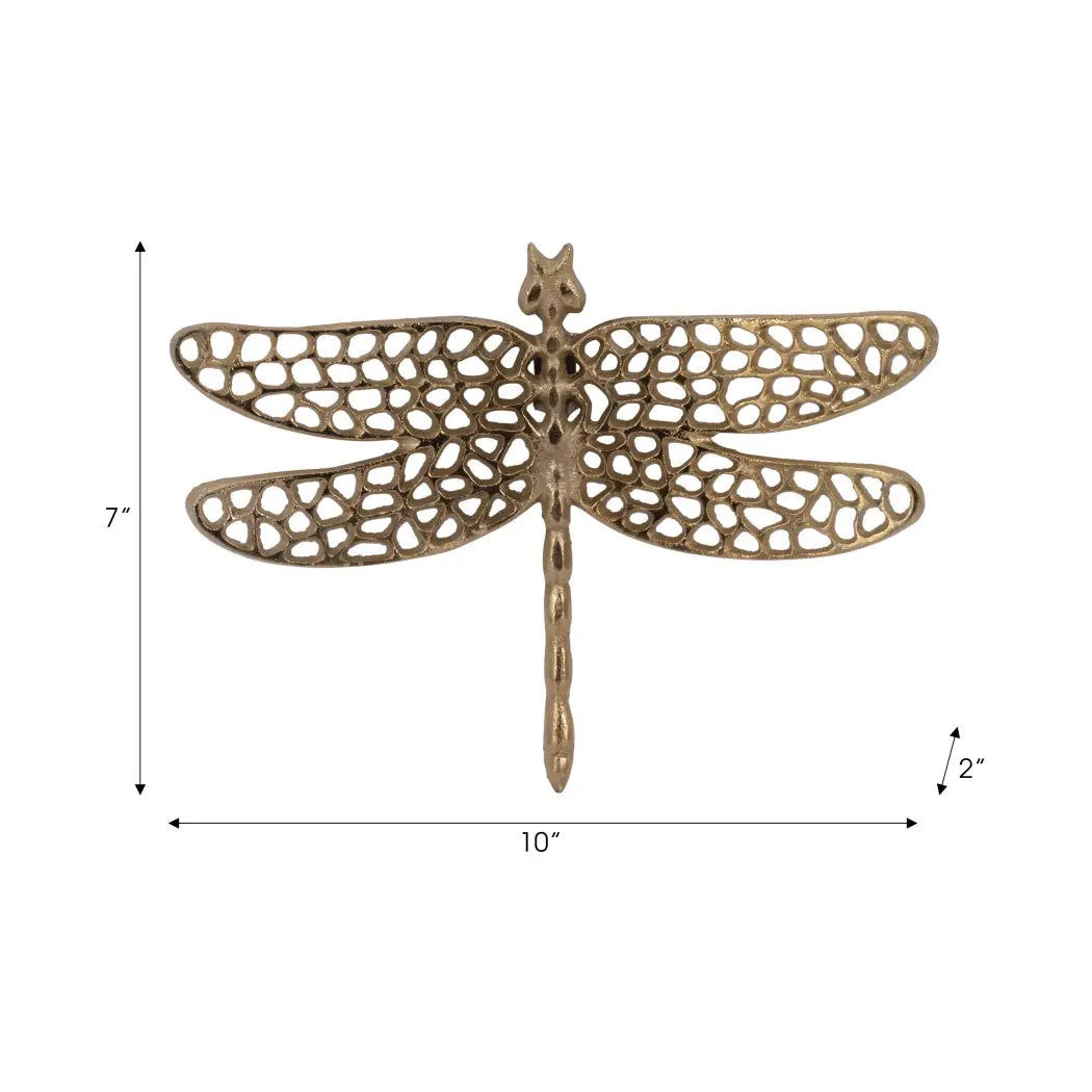 Bronze dragonfly wall art with dimensions on a white background